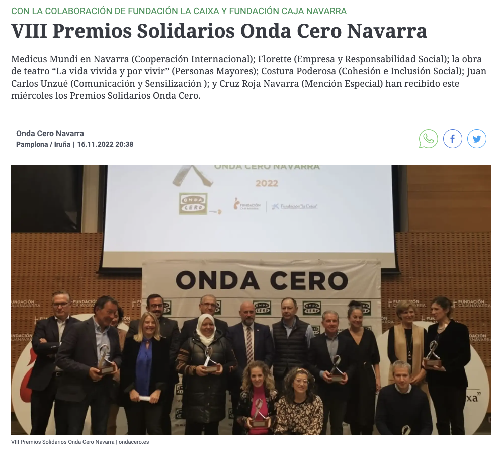Gracias a VIII Premios Solidarios Onda Cero Navarra por el reconocimiento a 